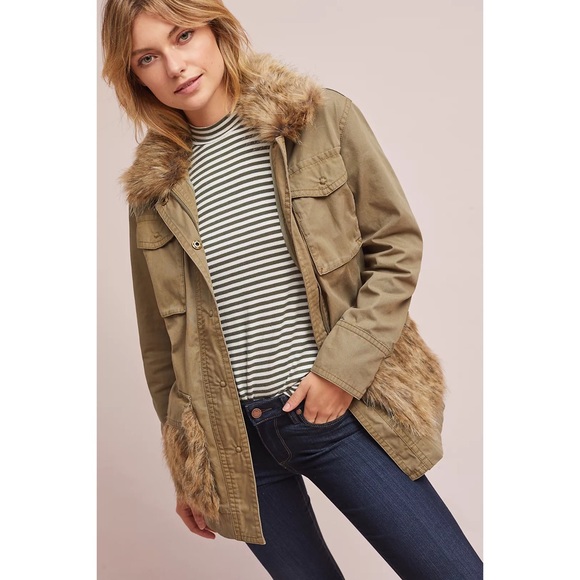 Anthropologie Faux Fur-Trimmed Field Parka Olive Green Jacket Women’s Medium - Picture 16 of 16